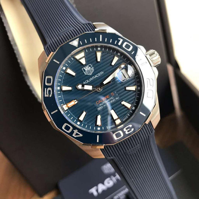 Shop Tag Heuer Aquaracer Calibre 5 Blue Dial Blue Silicone Strap Watch for Men - WAY211C.FT6155 in USA