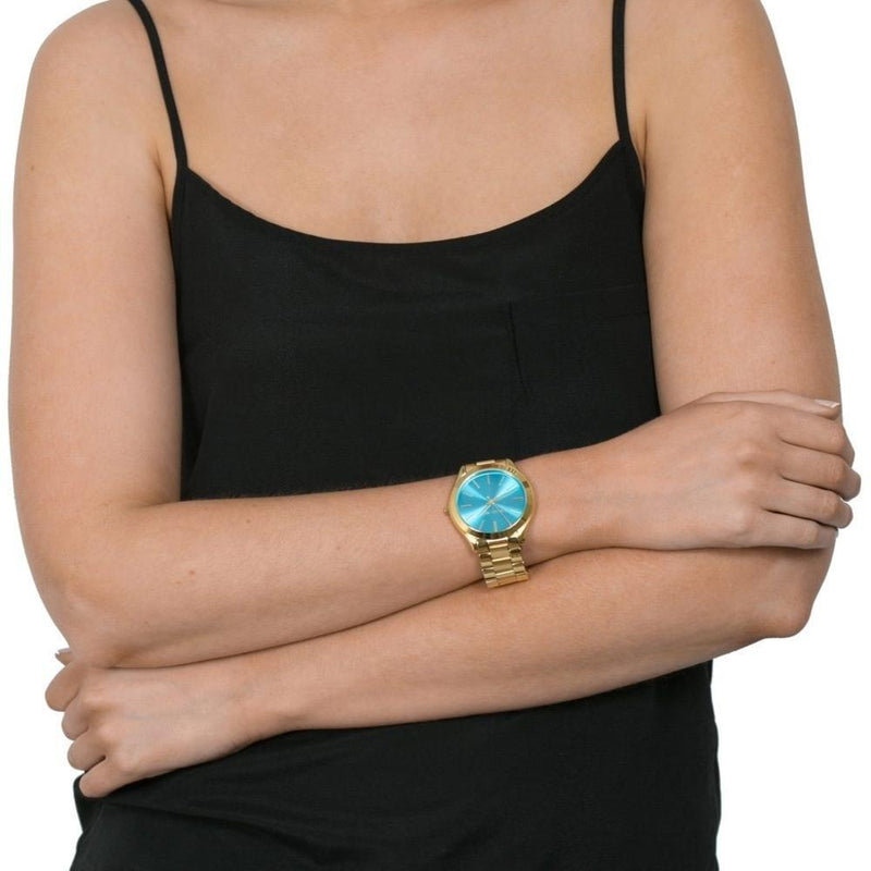 Michael Kors Slim Runway Blue Dial Gold Steel Strap Watch for Women - MK3265 Buy Now By Michael Kors