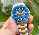 Fossil FB-01 Automatic Skeleton Blue Dial Two Tone Steel Strap Watch for Men - ME3191 Buy Now By Fossil