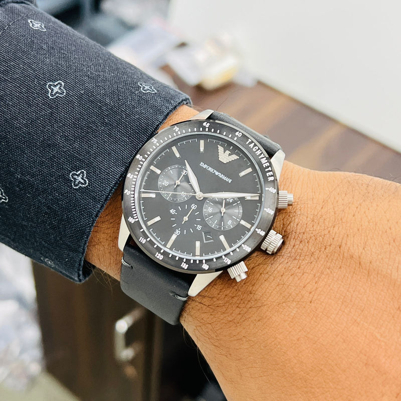 Emporio Armani Mario Chronograph Black Dial Black Leather Strap Watch For Men - AR11243 Buy Now By Emporio Armani
