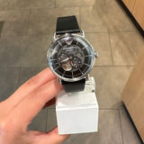 Emporio Armani Meccanico Skeleton Black Dial Black Leather Strap Watch For Men - AR60026