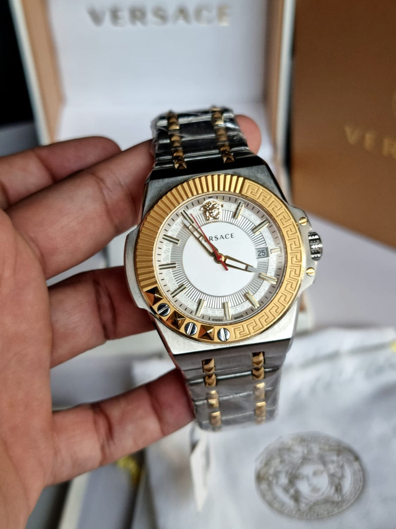 Versace Chain Reaction Quartz White Dial Two Tone Steel Strap Watch for Men - VEDY00519 Buy Now By Versace