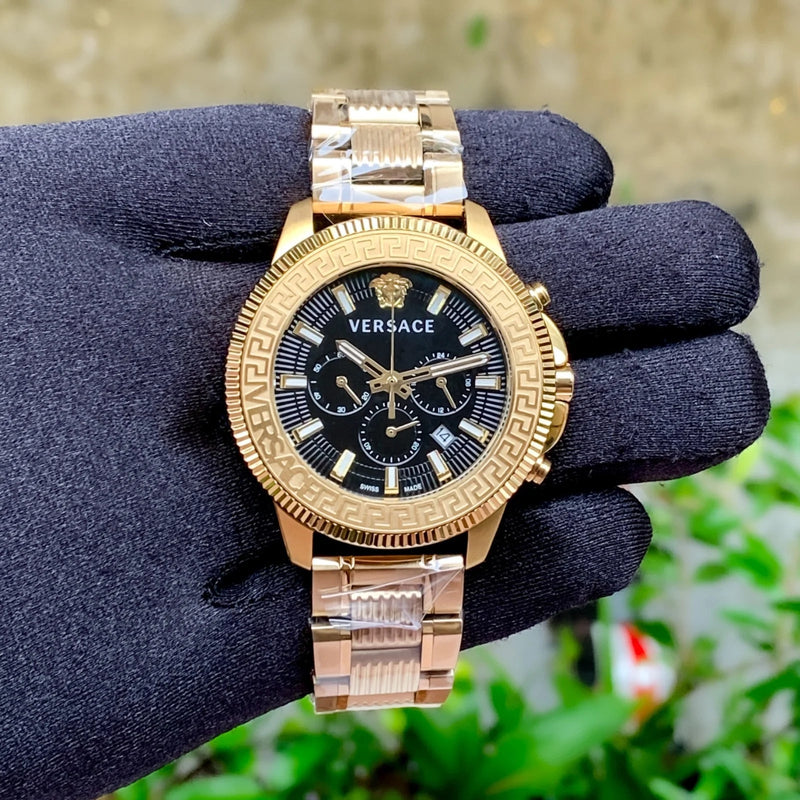 Versace Greca Action Chronograph Black Dial Gold Steel Strap Watch For Men - VE3J00622 Buy Now By Versace