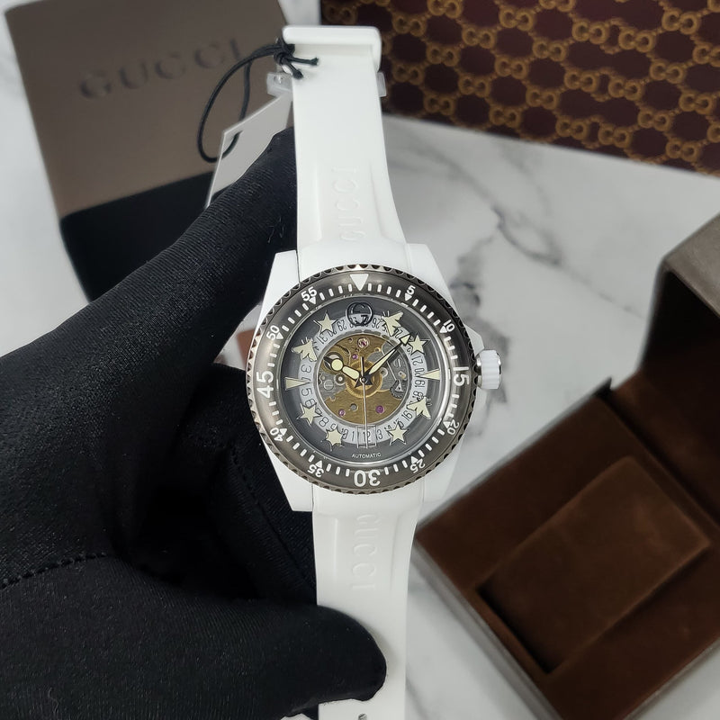 Shop Gucci Dive Automatic Transparent Dial White Rubber Strap Watch For Men - YA136343 in USA