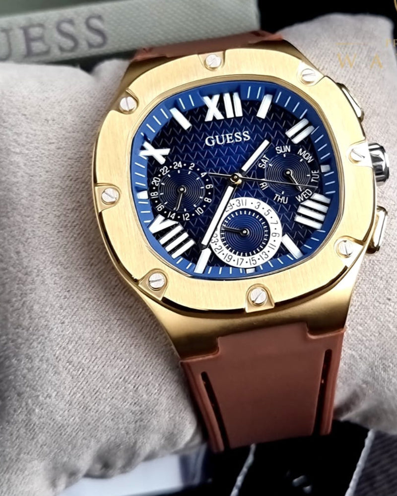 Guess Headline Chronograph Blue Dial Brown Silicone Strap Watch For Men - GW0571G5 Buy Now By Guess