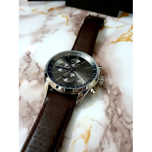 Hugo Boss Grand Prix Grey Dial Brown Leather Strap Watch for Men - 1513476 Buy Now By Hugo Boss