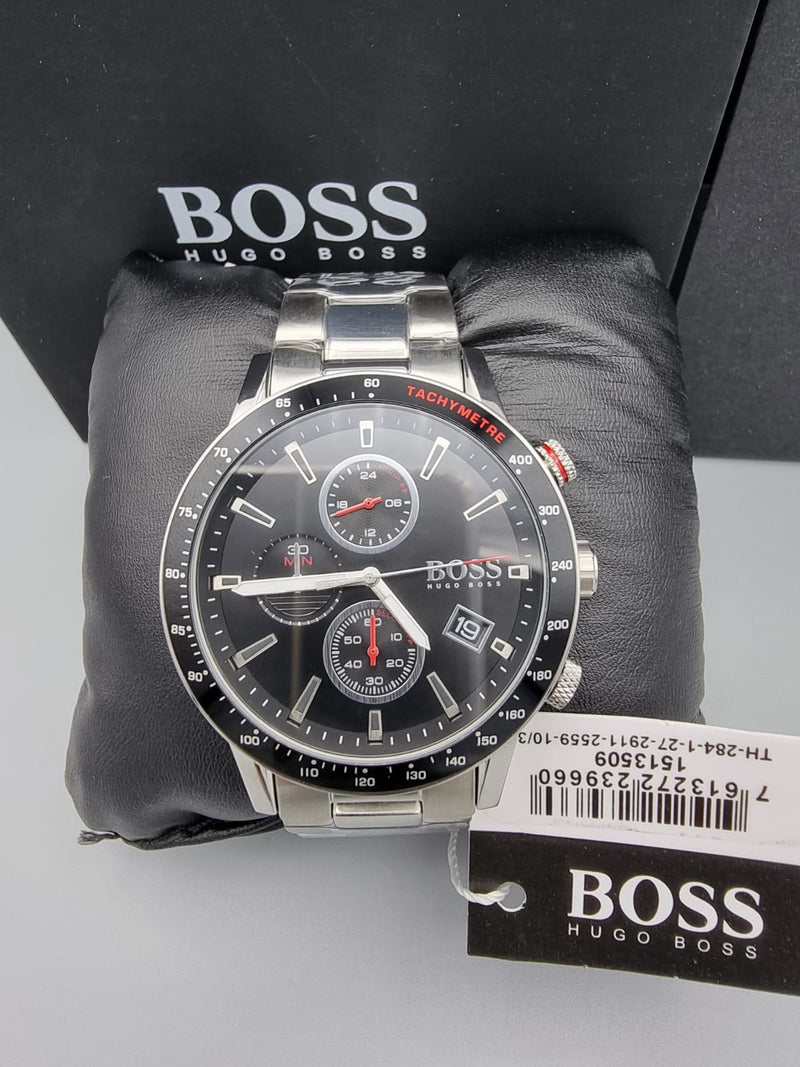 Shop Hugo Boss Rafale Chronograph Black Dial Silver Steel Strap Watch for Men - 1513509 in USA