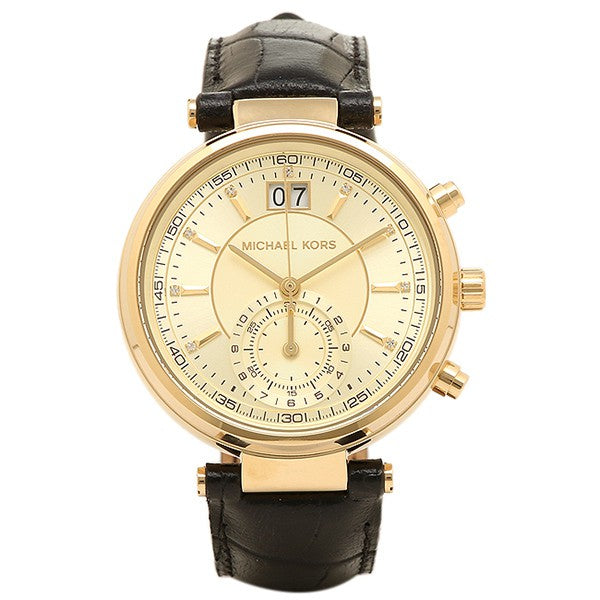 Michael Kors Sawyer Champagne Dial Black Leather Strap Watch for Women - MK2433 Buy Now By Michael Kors