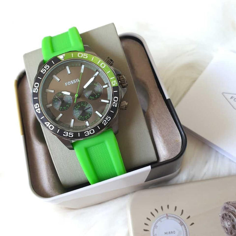 Fossil Bannon Chronograph Grey Dial Green Silicone Strap Watch for Men - BQ2501 Buy Now By Fossil