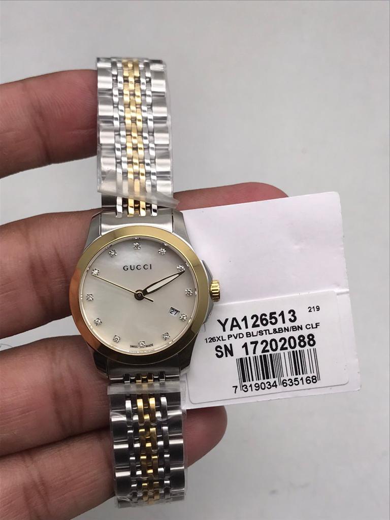 Gucci G Timeless Diamonds Mother of Pearl Dial Two Tone Mesh Bracelet Watch for Women - YA126513