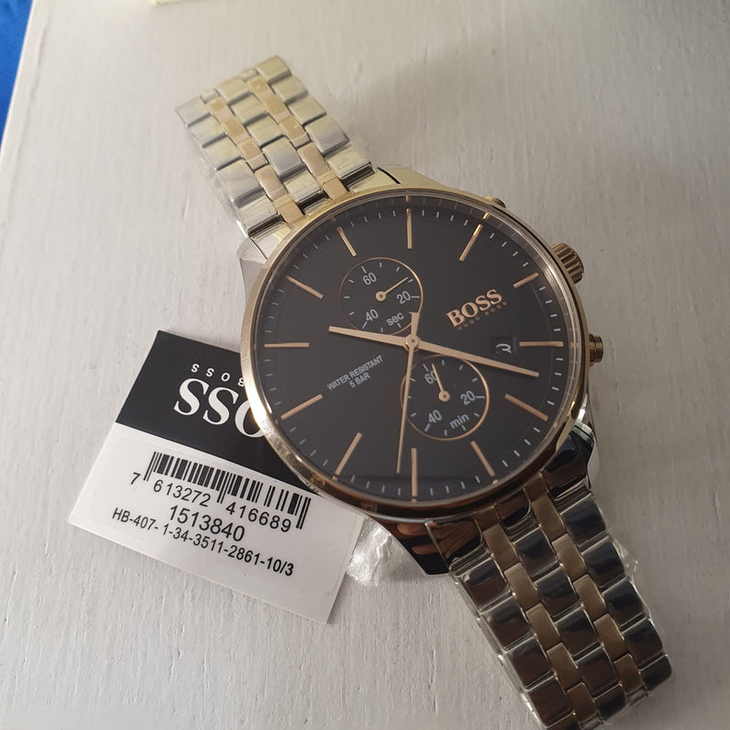 Shop Hugo Boss Associate Chronograph Black Dial Two Tone Steel Strap Watch for Men - 1513840 in USA