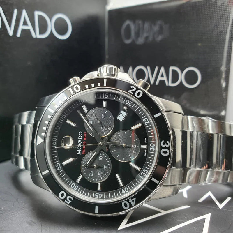 Movado Series 800 Chronograph Black Dial Silver Steel Strap Watch For Men - 2600142 Buy Now By Movado