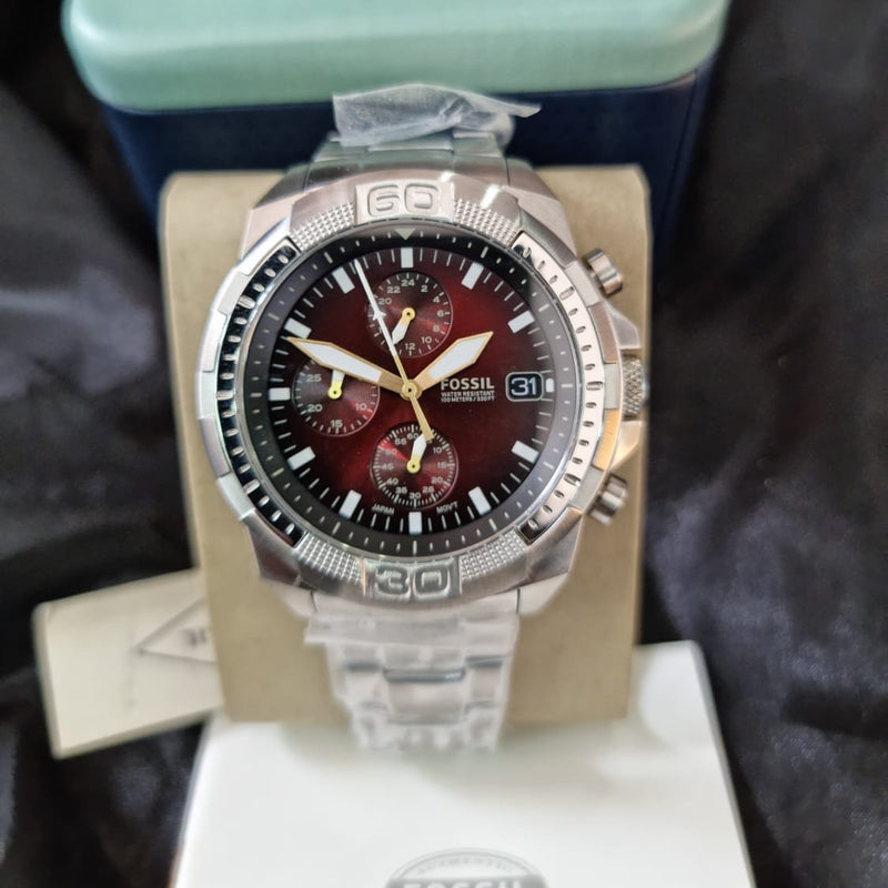 Fossil Bronson Chronograph Red Dial Silver Steel Strap Watch for Men - FS5878 Buy Now By Fossil