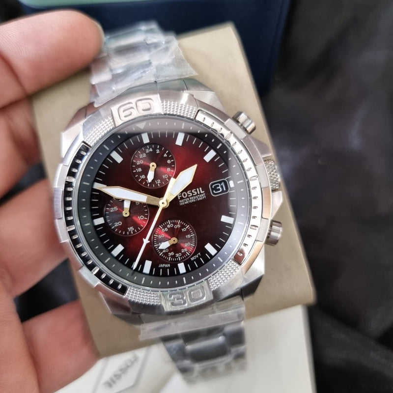 Fossil Bronson Chronograph Red Dial Silver Steel Strap Watch for Men - FS5878 Buy Now By Fossil