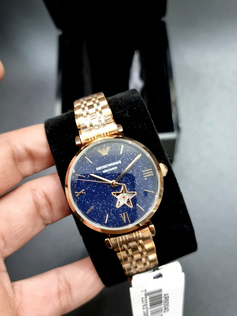 Emporio Armani Meccanico Crystals Black Dial Rose Gold Steel Strap Watch For Women - AR60043 Buy Now By Emporio Armani