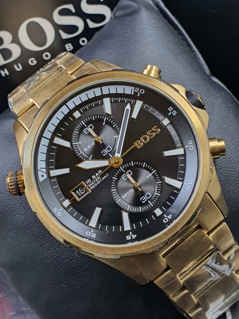 Hugo Boss Globetrotter Chronograph Black Dial Gold Steel Strap Watch for Men - 1513932 Buy Now By Hugo Boss