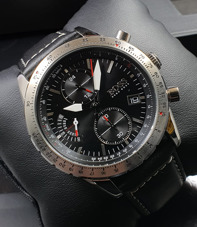 Hugo Boss Aero Chronograph Black Dial Black Leather Strap Watch for Men - 1513770 Buy Now By Hugo Boss