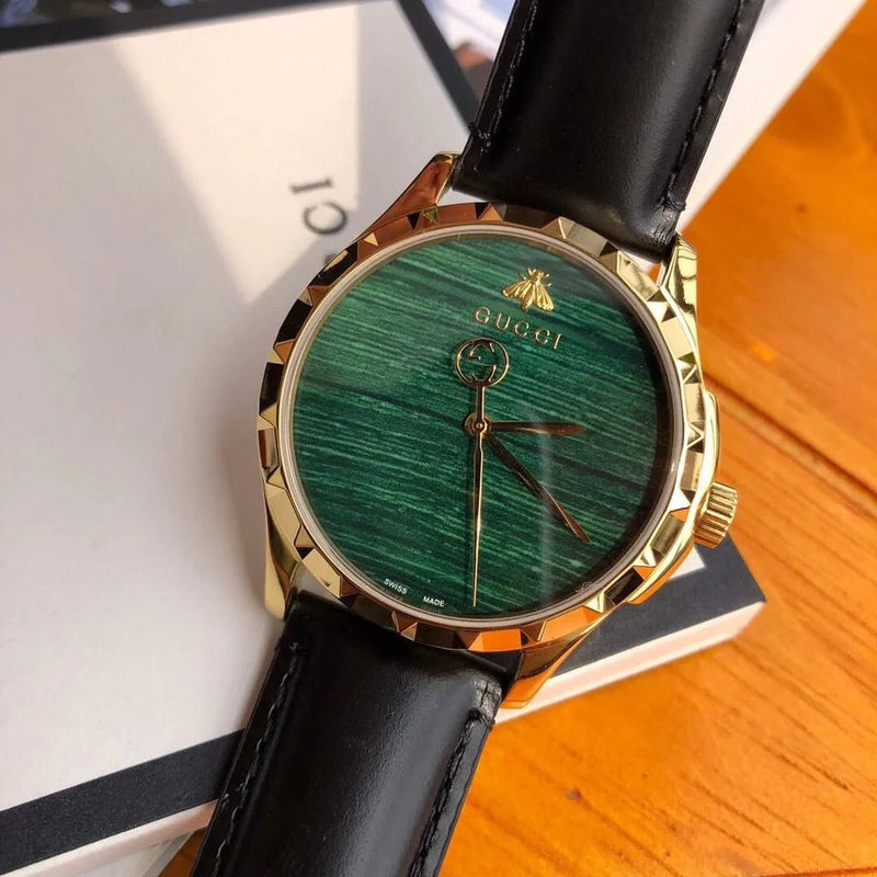 Shop Gucci Le Marche Des Merveilles Quartz Green Dial Black Leather Strap Watch For Women - YA126463 in USA