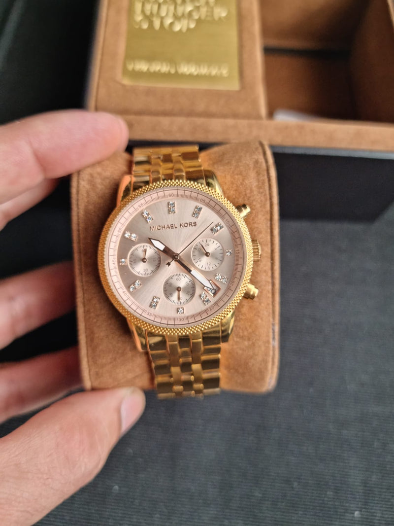 Michael Kors Ritz Chronograph Rose Gold Dial Rose Gold Steel Strap Watch for Women - MK6077 Buy Now By Michael Kors