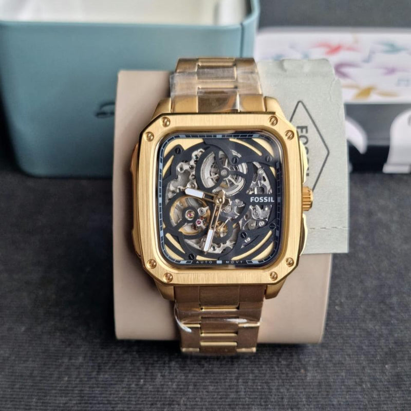 Fossil Inscription Automatic Skeleton Black Dial Gold Steel Strap Watch for Men - BQ2573 Buy Now By Fossil