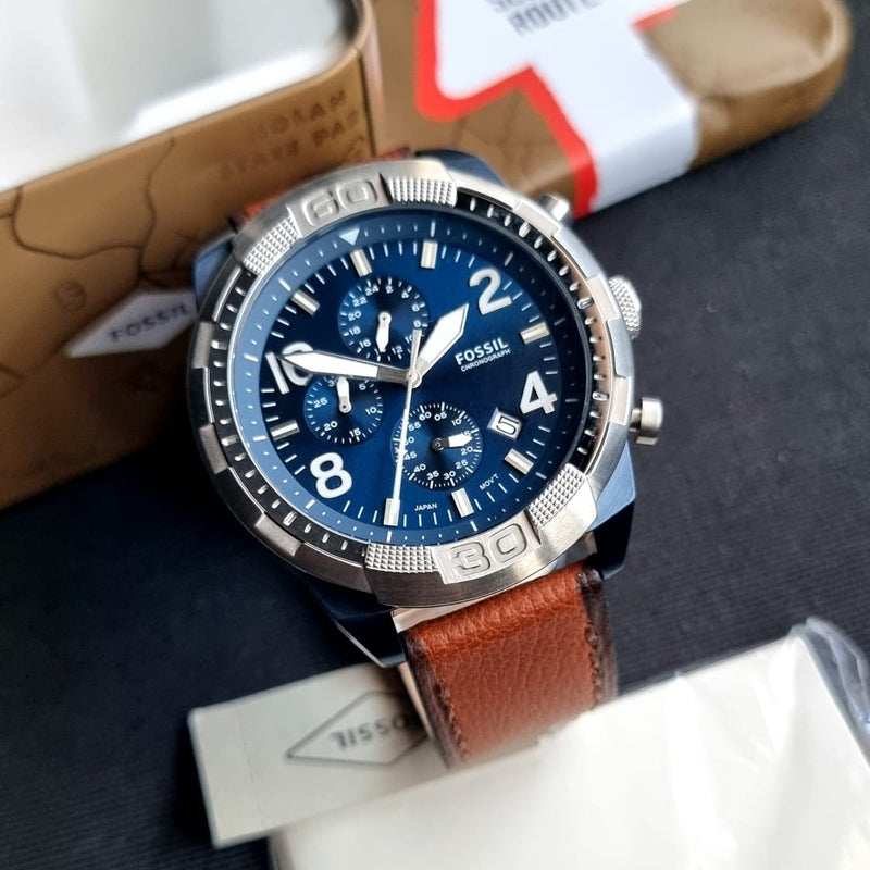 Fossil Bronson Chronograph Luggage Blue Dial Brown Leather Strap Watch for Men - FS5829 Buy Now By Fossil