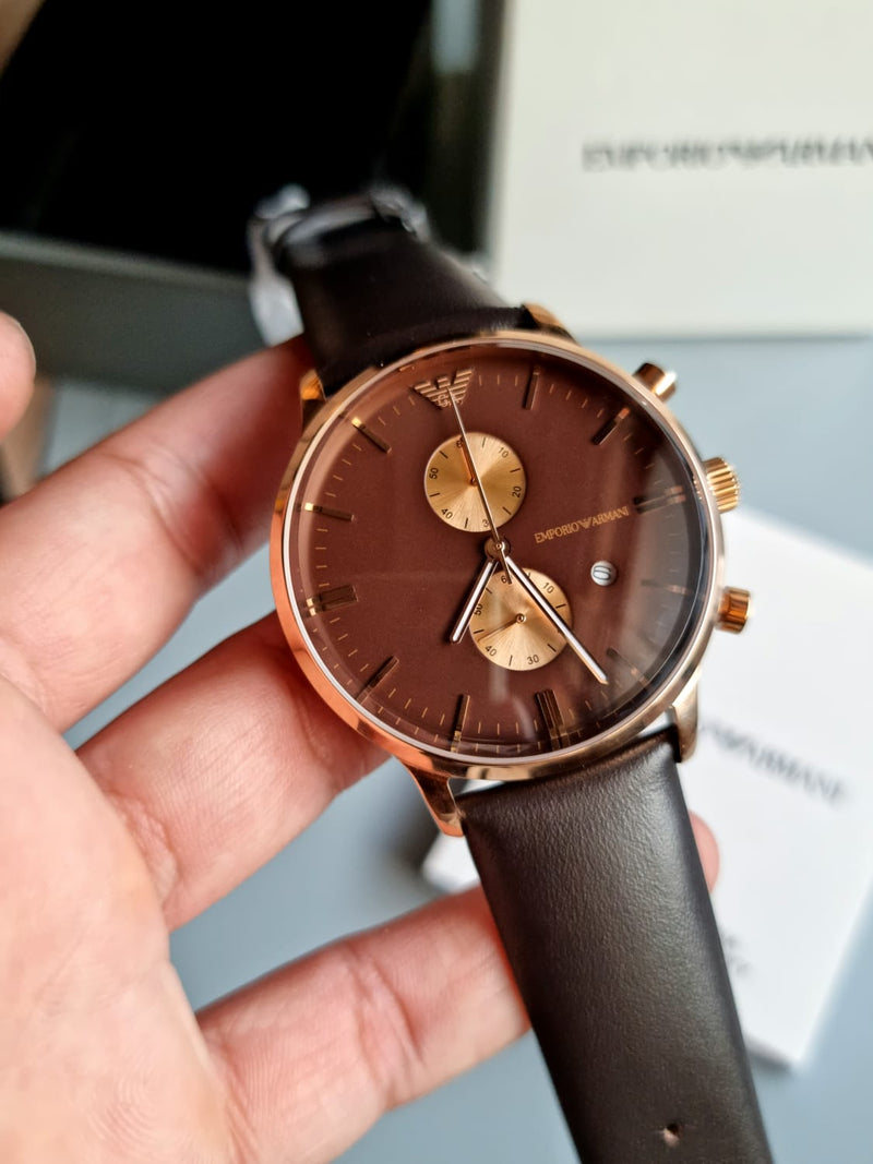 Emporio Armani Classic Chronograph Brown Dial Brown Leather Strap Watch For Men - AR0387 Buy Now By Emporio Armani