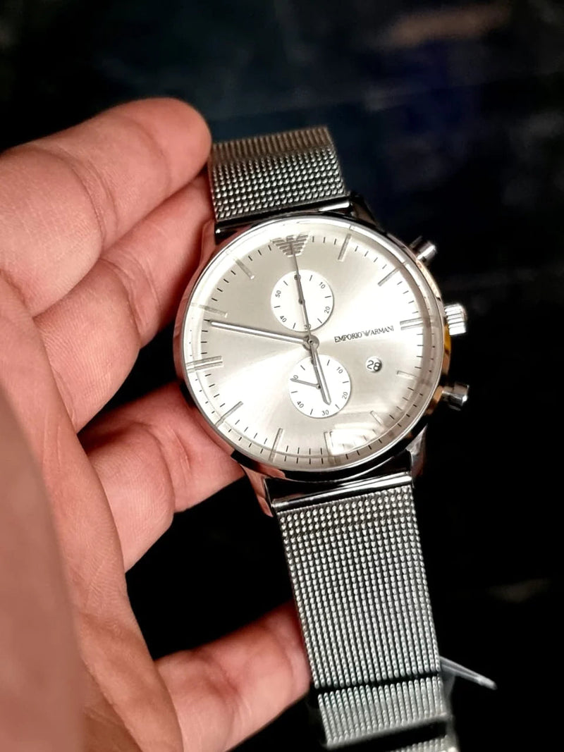 Emporio Armani Classic Chronograph Quartz Silver Dial Silver Mesh Bracelet Watch For Men - AR0390 Buy Now By Emporio Armani