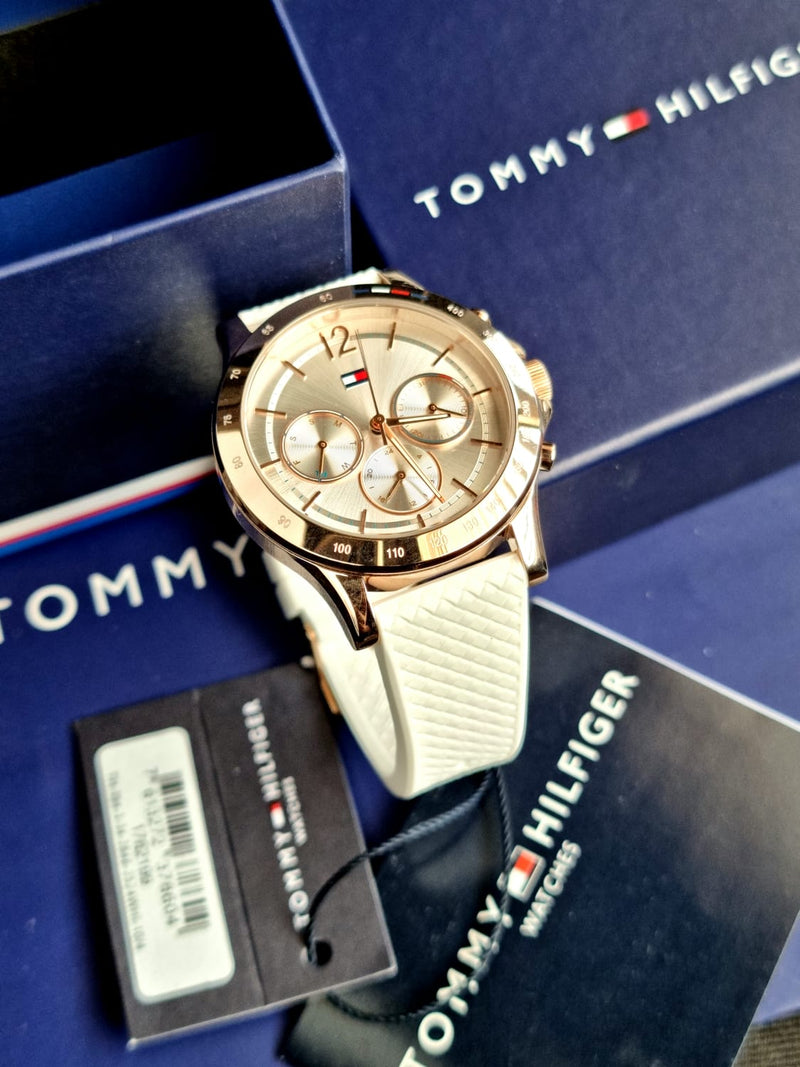 Shop Tommy Hilfiger Angela Silver Dial Cream Leather Strap Watch for Women - 1782123 in USA