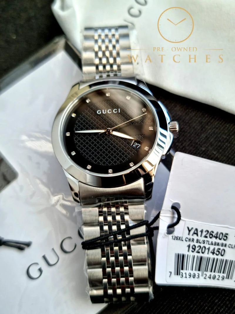Shop Gucci G Timeless Diamonds Black Dial Silver Steel Strap Watch For Men - YA126405 in USA