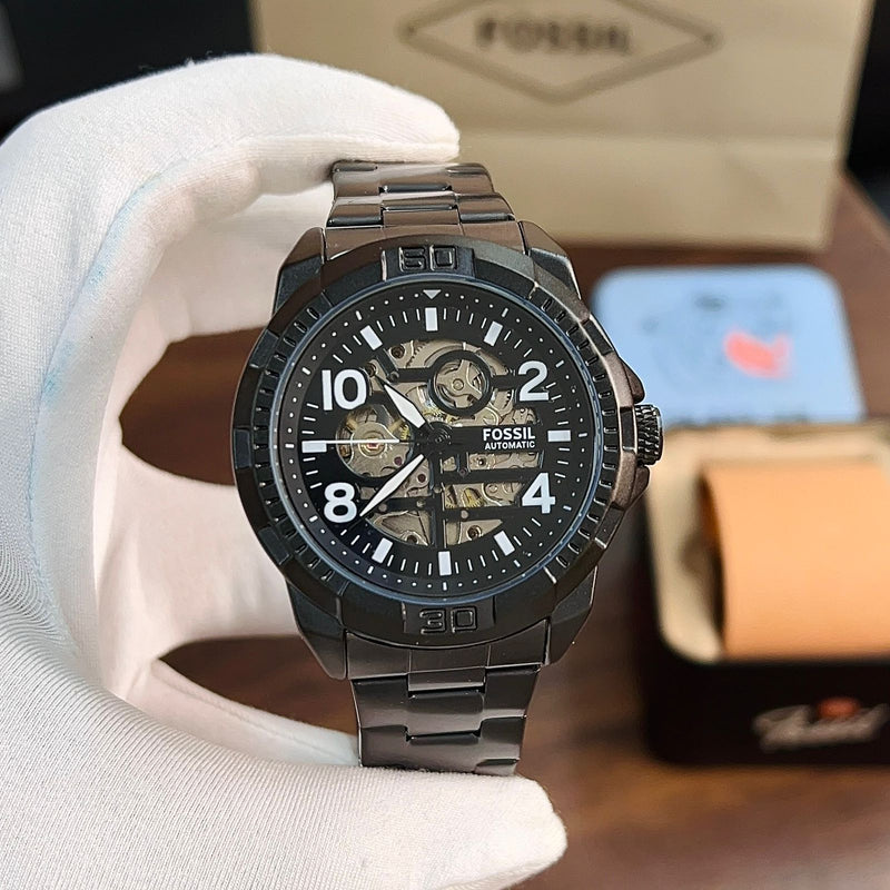 Fossil Bronson Automatic Skeleton Black Dial Grey Steel Strap Watch for Men - ME3255 Buy Now By Fossil