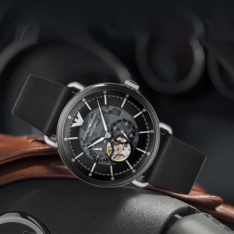 Emporio Armani Meccanico Skeleton Black Dial Black Leather Strap Watch For Men - AR60026 Buy Now By Emporio Armani