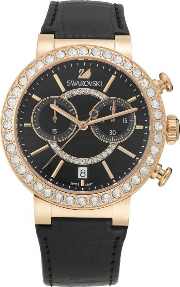 Shop Swarovski Citra Sphere Chronograph Black Dial Black Leather Strap Watch for Women - 5055209 in USA