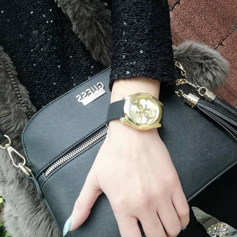 Guess G Twist Gold Dial Black Leather Strap Watch for Women - W0911L3 Buy Now By Guess