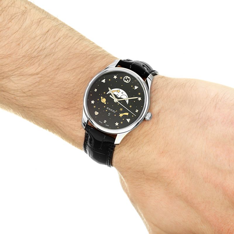 Shop Gucci G-Timeless Moonphase Black Dial Black Leather Strap Watch For Men - YA126327 in USA