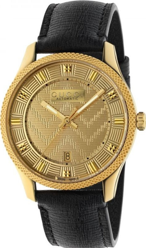 Shop Gucci Eryx Automatic Chevron Gold Dial Black Leather Strap Watch For Men - YA126340 in USA