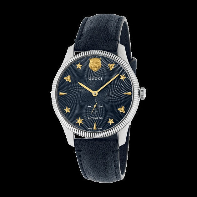 Shop Gucci G Timeless Automatic Blue Dial Black Leather Strap Watch For Men - YA126347 in USA