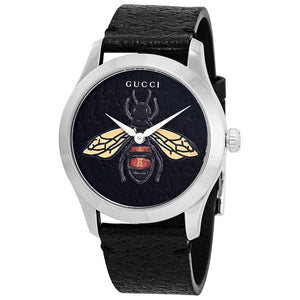 Gucci G Timeless Bee Black Dial Black Leather Strap Watch For Women - YA1264067