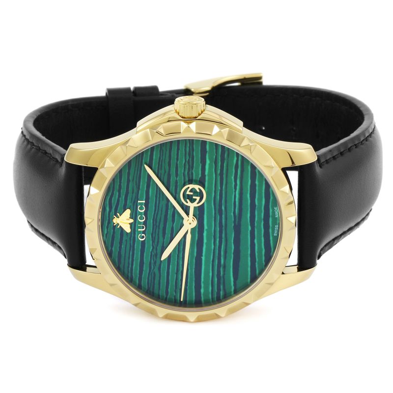 Shop Gucci Le Marche Des Merveilles Quartz Green Dial Black Leather Strap Watch For Women - YA126463 in USA