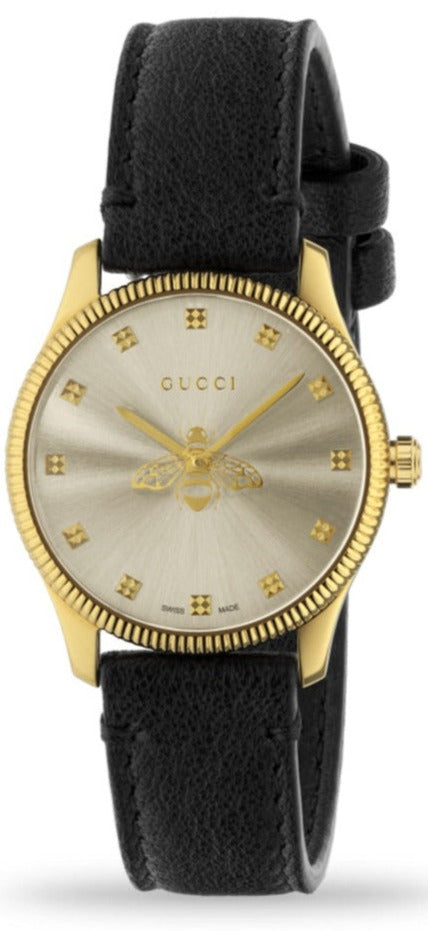Shop Gucci G Timeless Quartz Silver Dial Black Leather Strap Watch For Women - YA1265023 in USA
