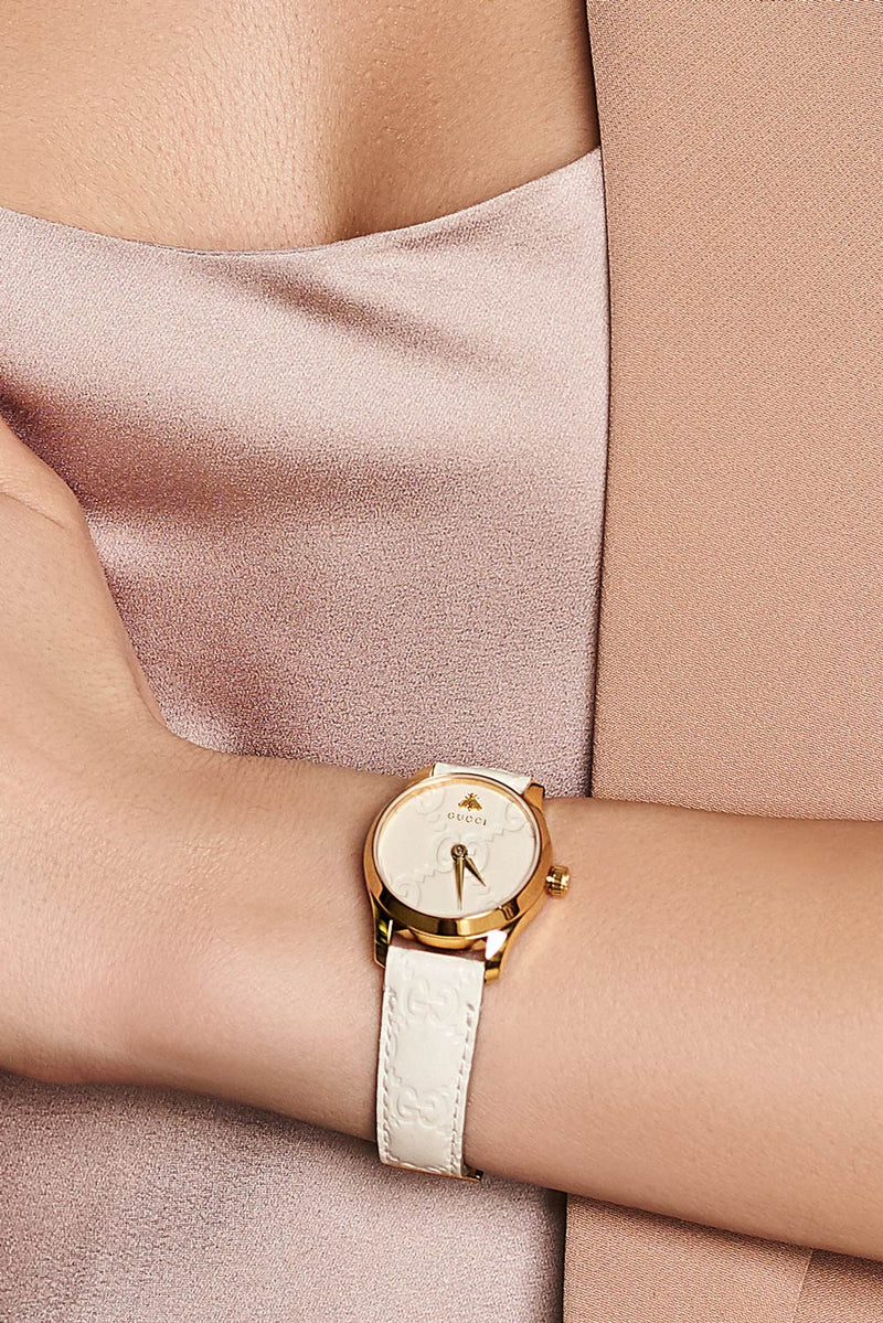 Shop Gucci G Timeless Quartz White Dial White Leather Strap Watch For Women - YA126580A in USA