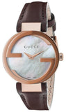 Gucci G Interlocking Mother of Pearl Dial Brown Leather Strap Watch For Women - YA133516