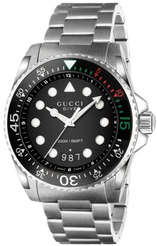 Shop Gucci Dive Analog Black Dial Silver Steel Strap Watch For Men - YA136208 in USA