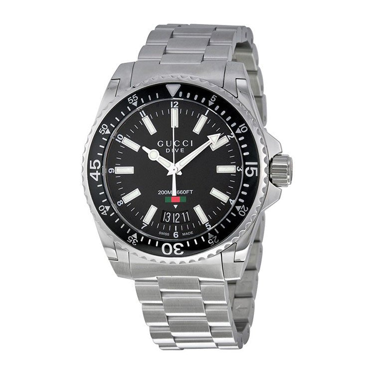 Shop Gucci Dive Quartz Black Dial Silver Steel Strap Watch For Men - YA136301 in USA