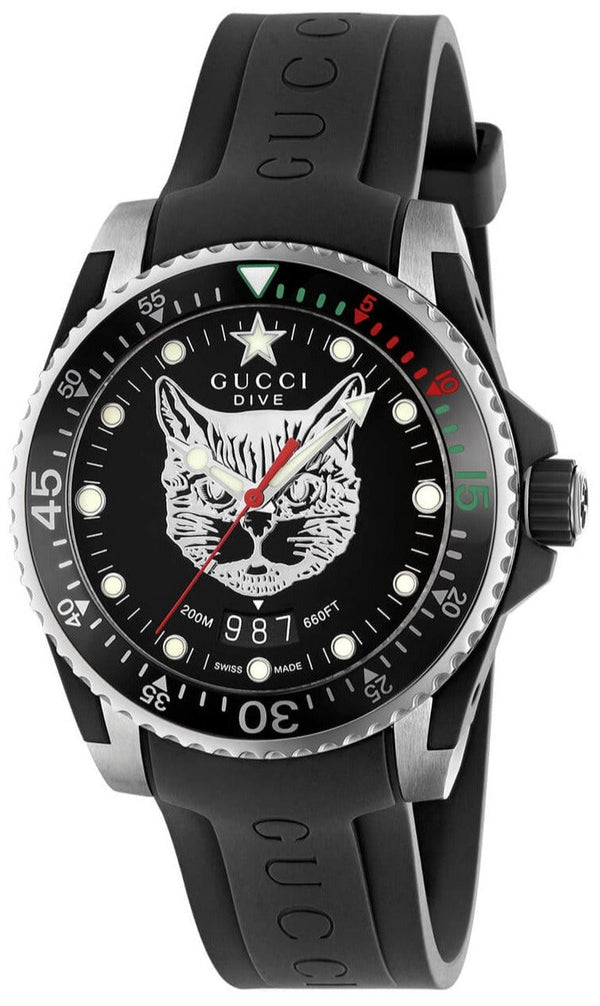 Shop Gucci Dive Feline Black Dial Black Rubber Strap Watch For Men - YA136323 in USA