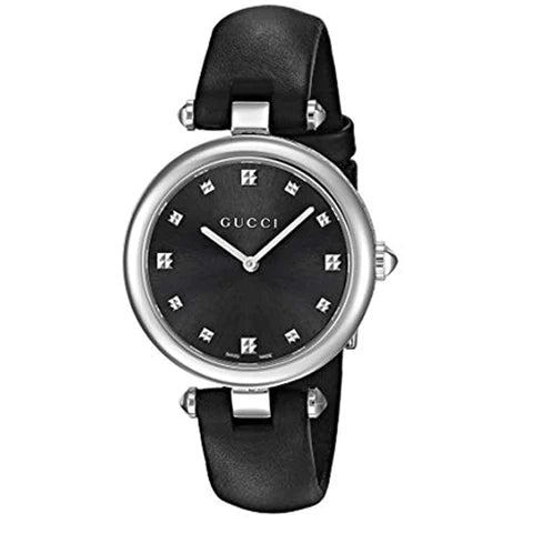Shop Gucci Diamantissima Diamonds Black Dial Black Leather Strap Watch For Women - YA141403 in USA