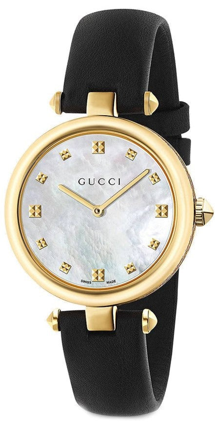 Shop Gucci Diamantissima Quartz Mother of Pearl Dial Black Leather Strap Watch for Women - YA141404 in USA