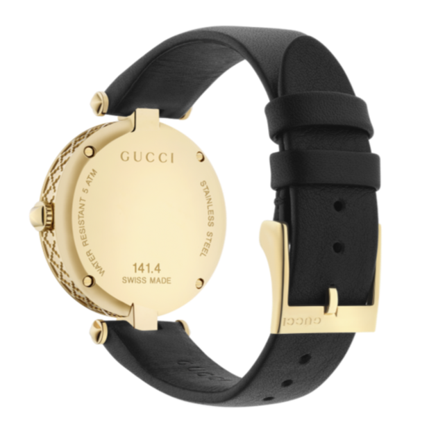 Shop Gucci Diamantissima Quartz Mother of Pearl Dial Black Leather Strap Watch for Women - YA141404 in USA