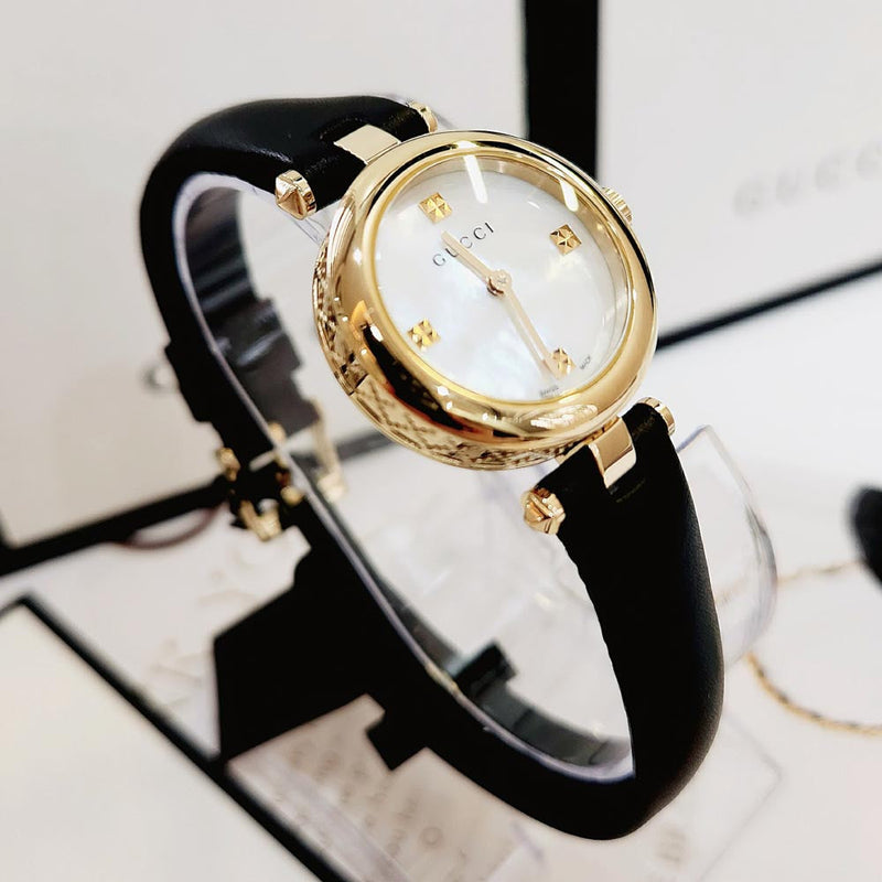 Shop Gucci Diamantissima Mother of Pearl Dial Black Leather Strap Watch For Women - YA141505 in USA