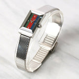 Shop Gucci G Frame Quartz Diamonds Green & Red Mother of Pearl Dial Silver Mesh Bracelet Watch For Women - YA147510 in USA