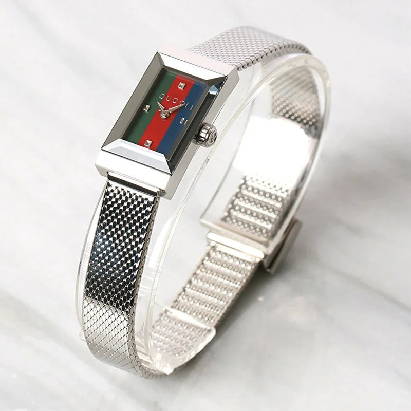 Shop Gucci G Frame Quartz Diamonds Green & Red Mother of Pearl Dial Silver Mesh Bracelet Watch For Women - YA147510 in USA
